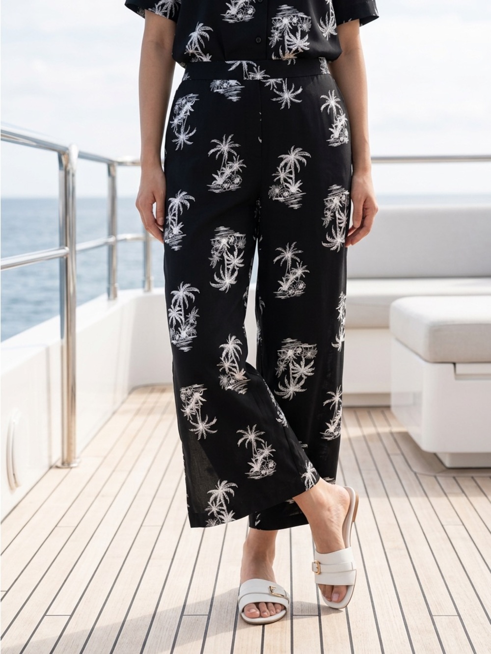 Tamara H Smooth Polyester Black White Palm Tree Wide Leg Crop Pants-XL